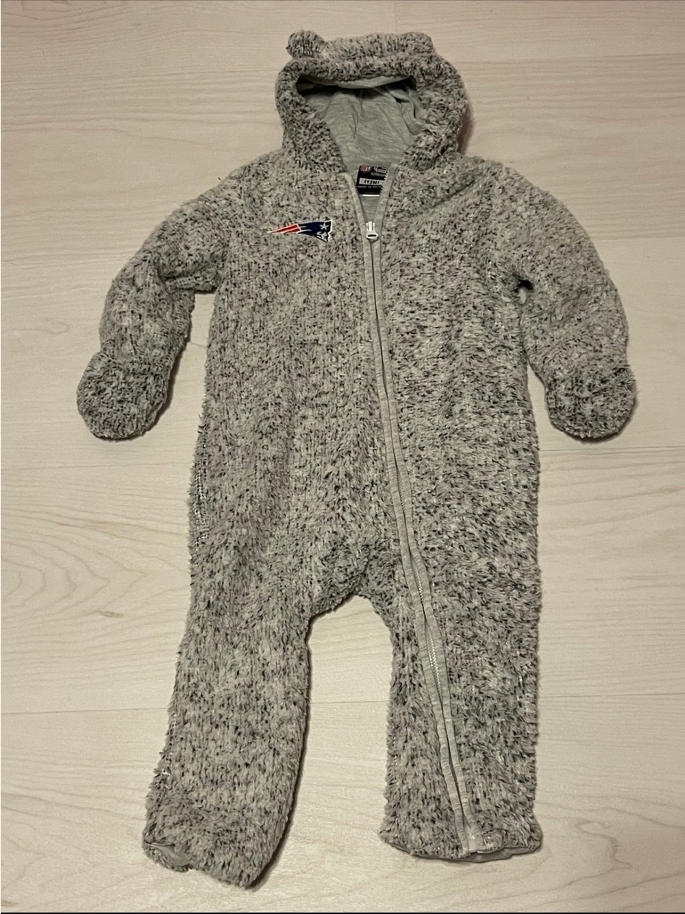 NFL Patriots Gray Sherpa Hooded Baby Footed One-Piece